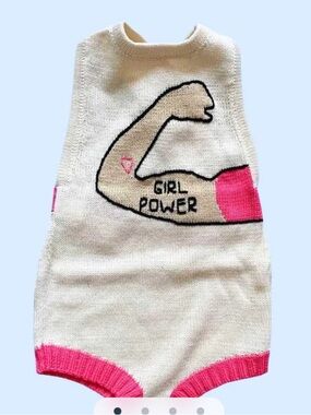 Cream Knit 'Girl Power' Romper with Pink Accents